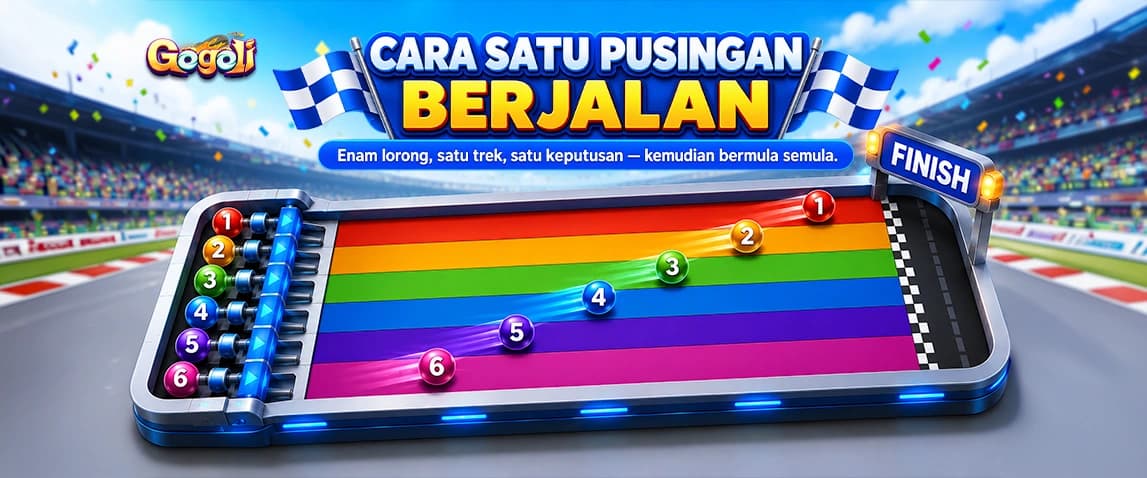 Rajah trek perlumbaan Gogoli: enam bola berwarna bernombor dalam enam lorong berlumba menuju garisan penamat, menunjukkan cara sesuatu pusingan berlangsung.