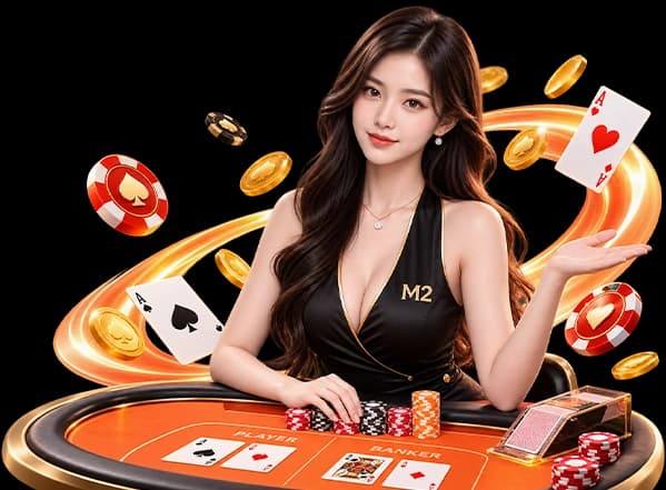 M2 Casino 真人荷官坐在摆放筹码、纸牌和金币的 baccarat 桌旁